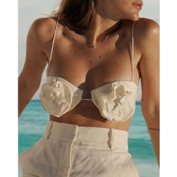 Sexy Tank Top for Women 3D Floral Tassels Ruffle Crop Top Y2K Slim Fitted Sleeveless Shirt Tee(Q-Apricot Cami Top,S)