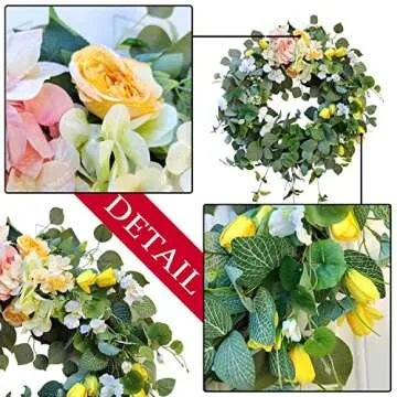 WANNA-CUL 24 Inch Spring Summer Hydrangea Wreaths for Front Door,Valentines Day Wreath with Yellow T...