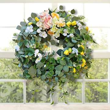 WANNA-CUL 24 Inch Spring Summer Hydrangea Wreaths for Front Door,Valentines Day Wreath with Yellow Tulip and Rose Flower or Home Decor