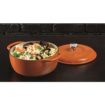 Lodge 6 Quart Enameled Cast Iron Dutch Oven with Lid – Dual Handles – Oven Safe up to 500° F or on Stovetop - Use to Marinate, Cook, Bake, Refrigerate and Serve – Pumpkin
