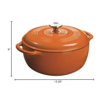 Lodge 6 Quart Enameled Cast Iron Dutch Oven with Lid – Dual Handles – Oven Safe up to 500° F or on Stovetop - Use to Marinate, Cook, Bake, Refrigerate and Serve – Pumpkin