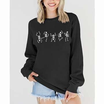 AG AGUU Women Halloween Dancing Skeleton Sweatshirt Skull Graphic Pullover Crew Neck Sweatshirts Oversized Tops Shirts(Black,Large)