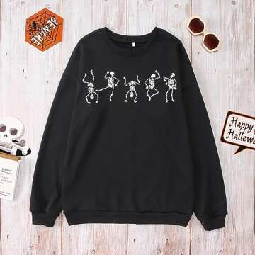 AG AGUU Women Halloween Dancing Skeleton Sweatshirt Skull Graphic Pullover Crew Neck Sweatshirts Oversized Tops Shirts(Black,Large)