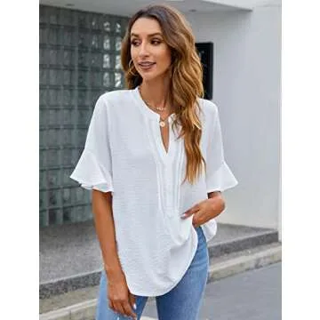 BMJL Womens White Blouses Chiffon Ruffle Short Sleeve V Neck Business Casual Tops Summer Cute Shirt ...