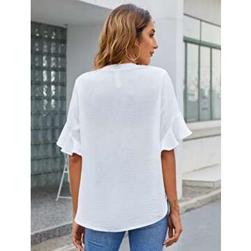 BMJL Womens White Blouses Chiffon Ruffle Short Sleeve V Neck Business Casual Tops Summer Cute Shirt White