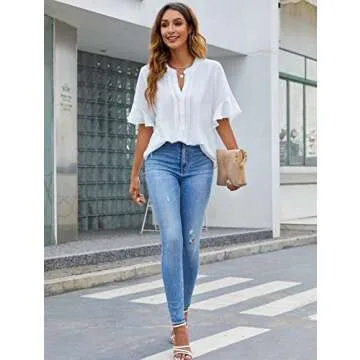 BMJL Womens White Blouses Chiffon Ruffle Short Sleeve V Neck Business Casual Tops Summer Cute Shirt White