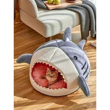 QWINEE Cat Mat Shark-Shaped Kennel Kitten Bed Hideout House Warm Soft Comfortable Semi-Closed Cat Dog Nest Blue L