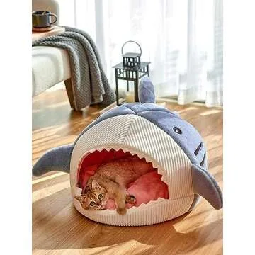 QWINEE Cat Mat Shark-Shaped Kennel Kitten Bed Hideout House Warm Soft Comfortable Semi-Closed Cat Dog Nest Blue L