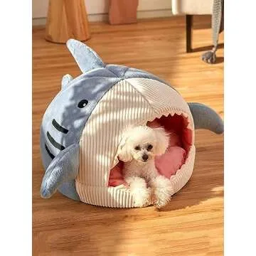 QWINEE Cat Mat Shark-Shaped Kennel Kitten Bed Hideout House Warm Soft Comfortable Semi-Closed Cat Dog Nest Blue L