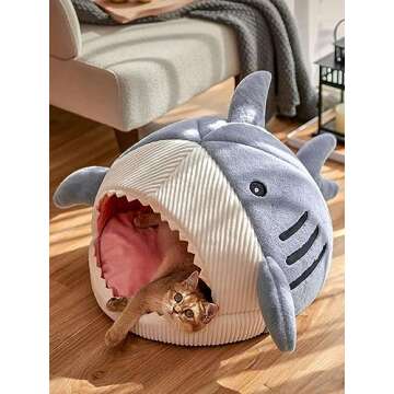QWINEE Cat Mat Shark-Shaped Kennel Kitten Bed Hideout House Warm Soft Comfortable Semi-Closed Cat Dog Nest Blue L