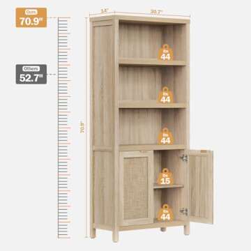 SICOTAS Bookcase 71" Tall Bookshelf 5 Tier Rattan Boho Bookcase with Doors Storage Large Wood Book C...