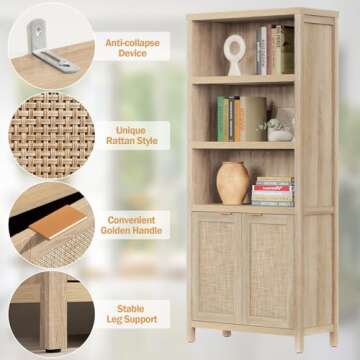 SICOTAS Bookcase 71" Tall Bookshelf 5 Tier Rattan Boho Bookcase with Doors Storage Large Wood Book Case Shelf Farmhouse Bookshelves Library Book Shelves for Living Room Bedroom Home Office Kitchen