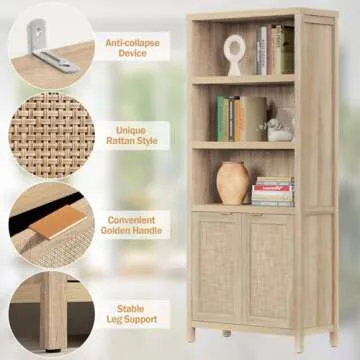 SICOTAS Bookcase 71" Tall Bookshelf 5 Tier Rattan Boho Bookcase with Doors Storage Large Wood Book Case Shelf Farmhouse Bookshelves Library Book Shelves for Living Room Bedroom Home Office Kitchen