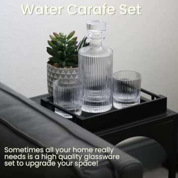 Water carafe, Bedside water carafe and glass set, Whiskey Decanter Set with Tray, Ribbed glassware and Ribbed Cups, Wine Decanter