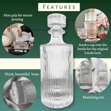 Water carafe, Bedside water carafe and glass set, Whiskey Decanter Set with Tray, Ribbed glassware and Ribbed Cups, Wine Decanter