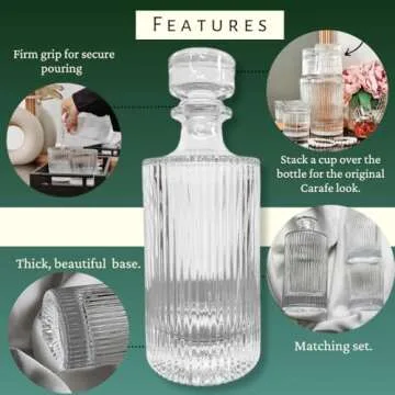 Water carafe, Bedside water carafe and glass set, Whiskey Decanter Set with Tray, Ribbed glassware and Ribbed Cups, Wine Decanter