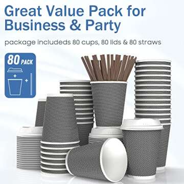 MRcup [80 Packs] 12oz Insulated Triple Wall Disposable Coffee Cups with Lids and Straws, PerfectTouc...