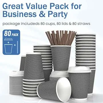 MRcup [80 Packs] 12oz Insulated Triple Wall Disposable Coffee Cups with Lids and Straws, PerfectTouc...