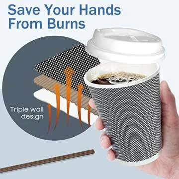 MRcup [80 Packs] 12oz Insulated Triple Wall Disposable Coffee Cups with Lids and Straws, PerfectTouch Leakfree Anti-slip Anti-spill Togo Hot & Cold Reusable Paper Cups, Black and White