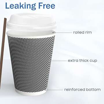 MRcup [80 Packs] 12oz Insulated Triple Wall Disposable Coffee Cups with Lids and Straws, PerfectTouch Leakfree Anti-slip Anti-spill Togo Hot & Cold Reusable Paper Cups, Black and White