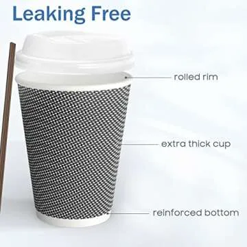 MRcup [80 Packs] 12oz Insulated Triple Wall Disposable Coffee Cups with Lids and Straws, PerfectTouch Leakfree Anti-slip Anti-spill Togo Hot & Cold Reusable Paper Cups, Black and White