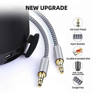 Henrety 3.5mm Nylon Braided Aux Cable (3.3ft/1m) - Male to Male Audio Auxiliary Cord for Headphones, Car, Home Stereos, Speaker, iPhone, iPad, iPod, Echo - Gray (3.3FT)