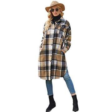 PUWEI Women's Casual Lapel Button Down Long Plaid Shirt Coat Tartan Shacket Jacket(1370-Brown-L)
