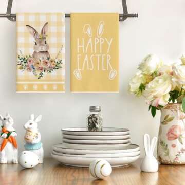 Artoid Mode Yellow Buffalo Plaid Bunny Rabbit Happy Easter Kitchen Towels