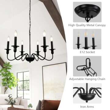 KMaiPem Black Chandelier Light Fixture, 6 Lights Farmhouse Chandelier for Bedroom, Rustic Modern Cha...