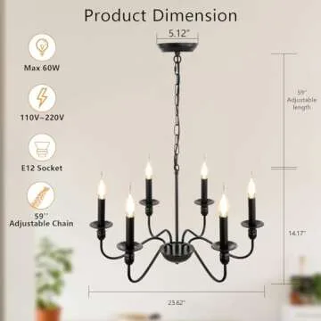 KMaiPem Black Chandelier Light Fixture, 6 Lights Farmhouse Chandelier for Bedroom, Rustic Modern Chandeliers for Dining Room, Height Adjustable Industrial Metal Small Pendant Lights Kitchen Island
