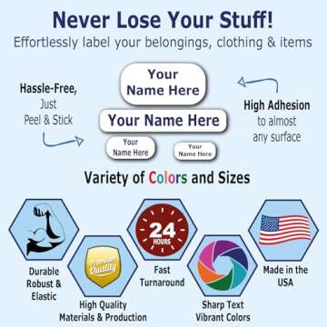 126 Personalized Waterproof Name Labels. Press and Stick Multi use Custom Name Labels. Highly Durabl...