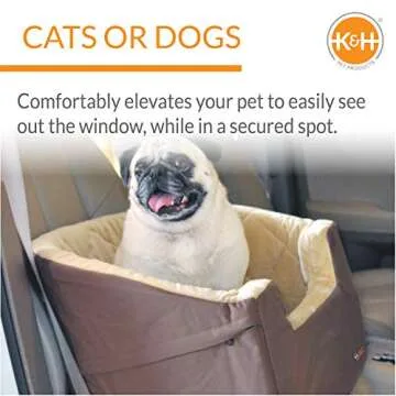 K&H Pet Products Bucket Booster Dog Car Seat with Dog Seat Belt for Car, Washable Small Dog Car Seat, Sturdy Dog Booster Seats for Small Dogs, Medium Dogs, 2 Safety Leashes, Large Tan/Tan