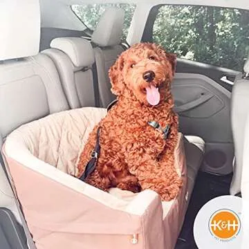 K&H Pet Products Bucket Booster Dog Car Seat with Dog Seat Belt for Car, Washable Small Dog Car Seat, Sturdy Dog Booster Seats for Small Dogs, Medium Dogs, 2 Safety Leashes, Large Tan/Tan