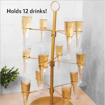 Cocktail Tree Stand, Wine Glass Flight Tasting Display For Drinks, 3 Tier - 12 Holders For Champagne, Cocktails, Martini, Margarita Cups at Weddings, Bridal Shower, Mimosa Bar Parties & Events (Gold)