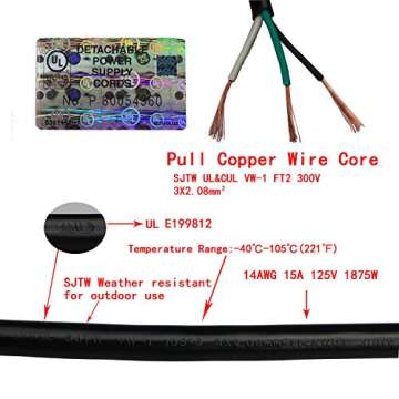 10Feet Outdoor Extension Cord,105℃ Temperature Resistant 15Amp Big Plug Anti-Load 14AWG 3 Prong Heavy Duty Tools Equipment Power Extension Cord (3.1Meters,Black)