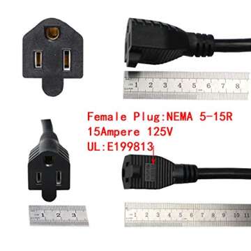 10Feet Outdoor Extension Cord,105℃ Temperature Resistant 15Amp Big Plug Anti-Load 14AWG 3 Prong Heavy Duty Tools Equipment Power Extension Cord (3.1Meters,Black)