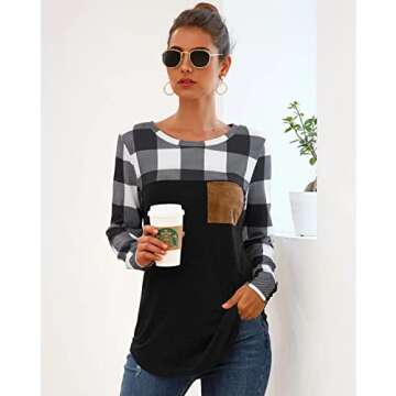 PinUp Angel White Black Buffalo Plaid Neck Long Sleeve Patchwork Blouse Top Curve Hem Tunic