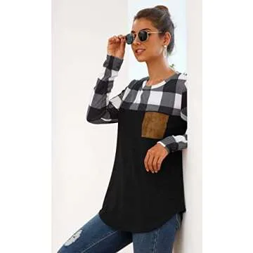 PinUp Angel White Black Buffalo Plaid Neck Long Sleeve Patchwork Blouse Top Curve Hem Tunic
