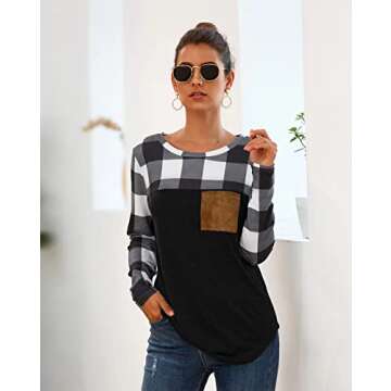 PinUp Angel White Black Buffalo Plaid Neck Long Sleeve Patchwork Blouse Top Curve Hem Tunic