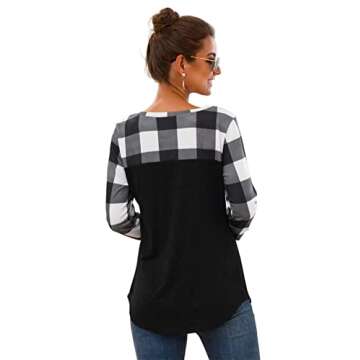 PinUp Angel White Black Buffalo Plaid Neck Long Sleeve Patchwork Blouse Top Curve Hem Tunic