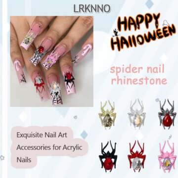 LRKNNO Halloween Nail Charms 3D Alloy Spider Nail Charms Gold Silver Red Pink Black Spider Nail Gems Jewelry Spider Nail Rhinestones Design Halloween Charms for Acrylic Nails DIY Nail Decoration 12Pcs
