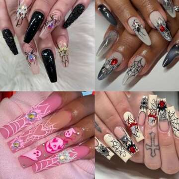 LRKNNO Halloween Nail Charms 3D Alloy Spider Nail Charms Gold Silver Red Pink Black Spider Nail Gems Jewelry Spider Nail Rhinestones Design Halloween Charms for Acrylic Nails DIY Nail Decoration 12Pcs