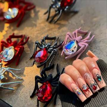 LRKNNO Halloween Nail Charms 3D Alloy Spider Nail Charms Gold Silver Red Pink Black Spider Nail Gems Jewelry Spider Nail Rhinestones Design Halloween Charms for Acrylic Nails DIY Nail Decoration 12Pcs