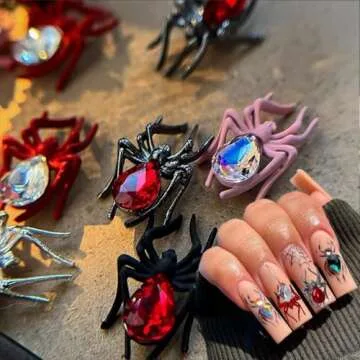 LRKNNO Halloween Nail Charms 3D Alloy Spider Nail Charms Gold Silver Red Pink Black Spider Nail Gems Jewelry Spider Nail Rhinestones Design Halloween Charms for Acrylic Nails DIY Nail Decoration 12Pcs
