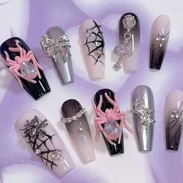LRKNNO Halloween Nail Charms 3D Alloy Spider Nail Charms Gold Silver Red Pink Black Spider Nail Gems Jewelry Spider Nail Rhinestones Design Halloween Charms for Acrylic Nails DIY Nail Decoration 12Pcs
