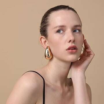 Apsvo Earring Dupes Chunky Gold Hoop Earrings Set for Women, Hypoallergenic Drop Earrings Extra Large Lightweight Gold Plated Jewelry, Teardrop Earrings for Women Trendy