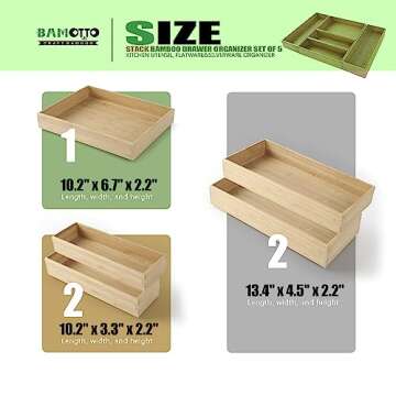 BAMOTTO Stack Bamboo Drawer Organizer Set of 5, Kitchen Utensil, Flatware&Silverware Organizer-Wood ...