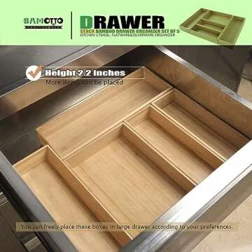 BAMOTTO Bamboo Drawer Organizer Set of 5 for Kitchen & Home