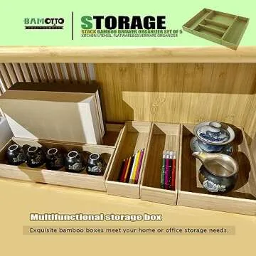 BAMOTTO Bamboo Drawer Organizer Set of 5 for Kitchen & Home