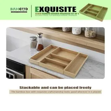 BAMOTTO Bamboo Drawer Organizer Set of 5 for Kitchen & Home